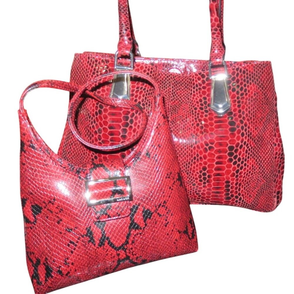 DANIER Italian leather python embossed snakeskin tote & small handbag twin set